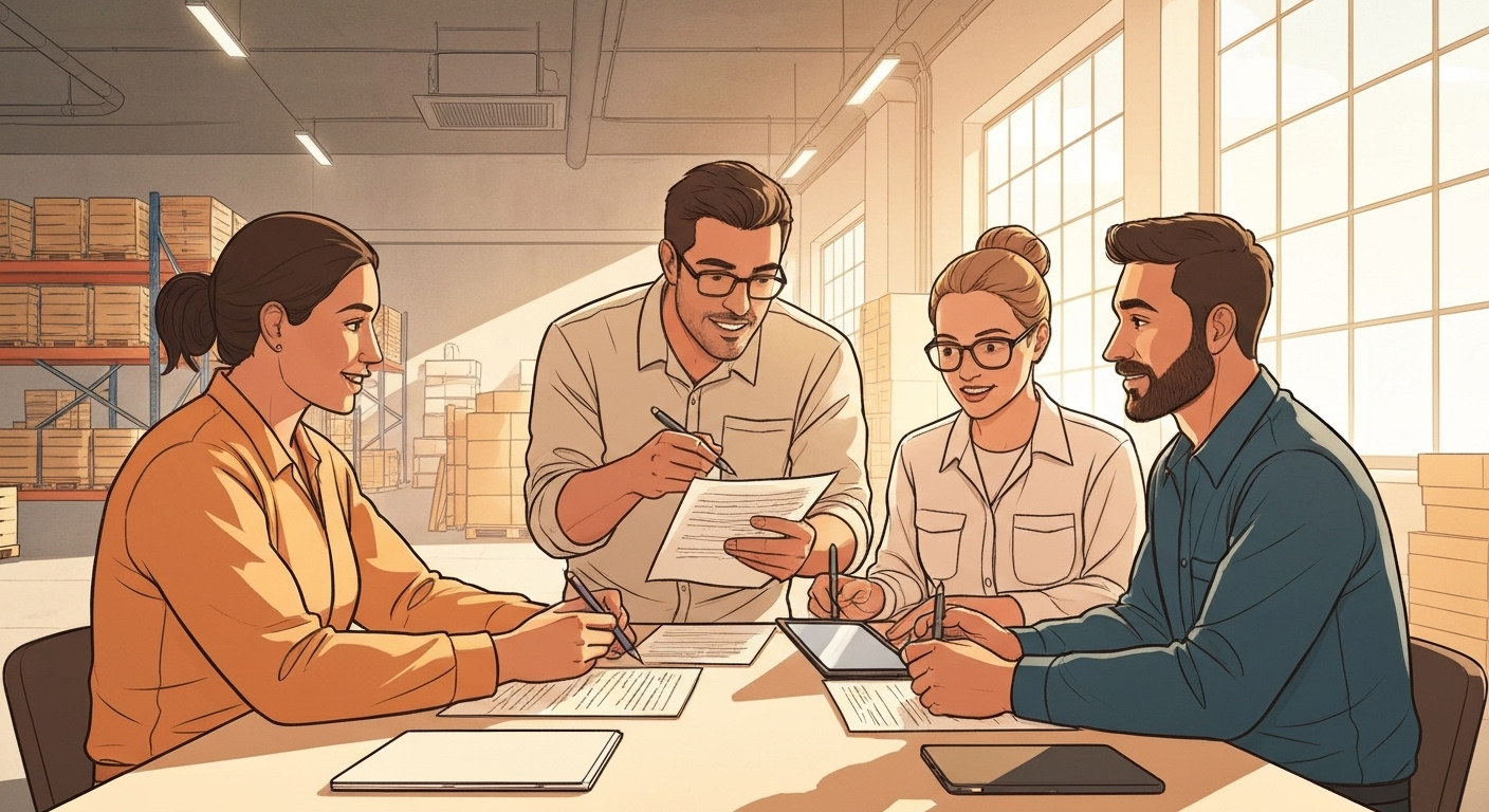 Équipe logistique française discutant des options d'assurance