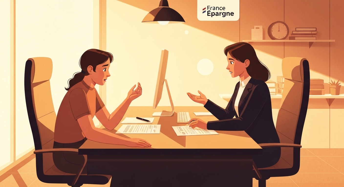 Cycliste urbain victime de vol de vélo électrique parlant à un conseiller France Épargne