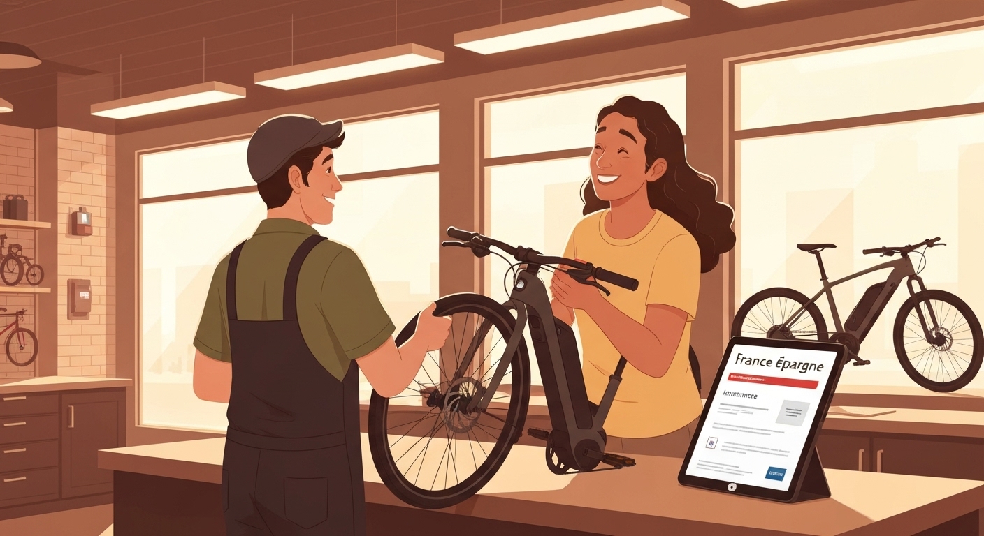 Cycliste heureux récupérant son vélo électrique après sinistre grâce à France Épargne