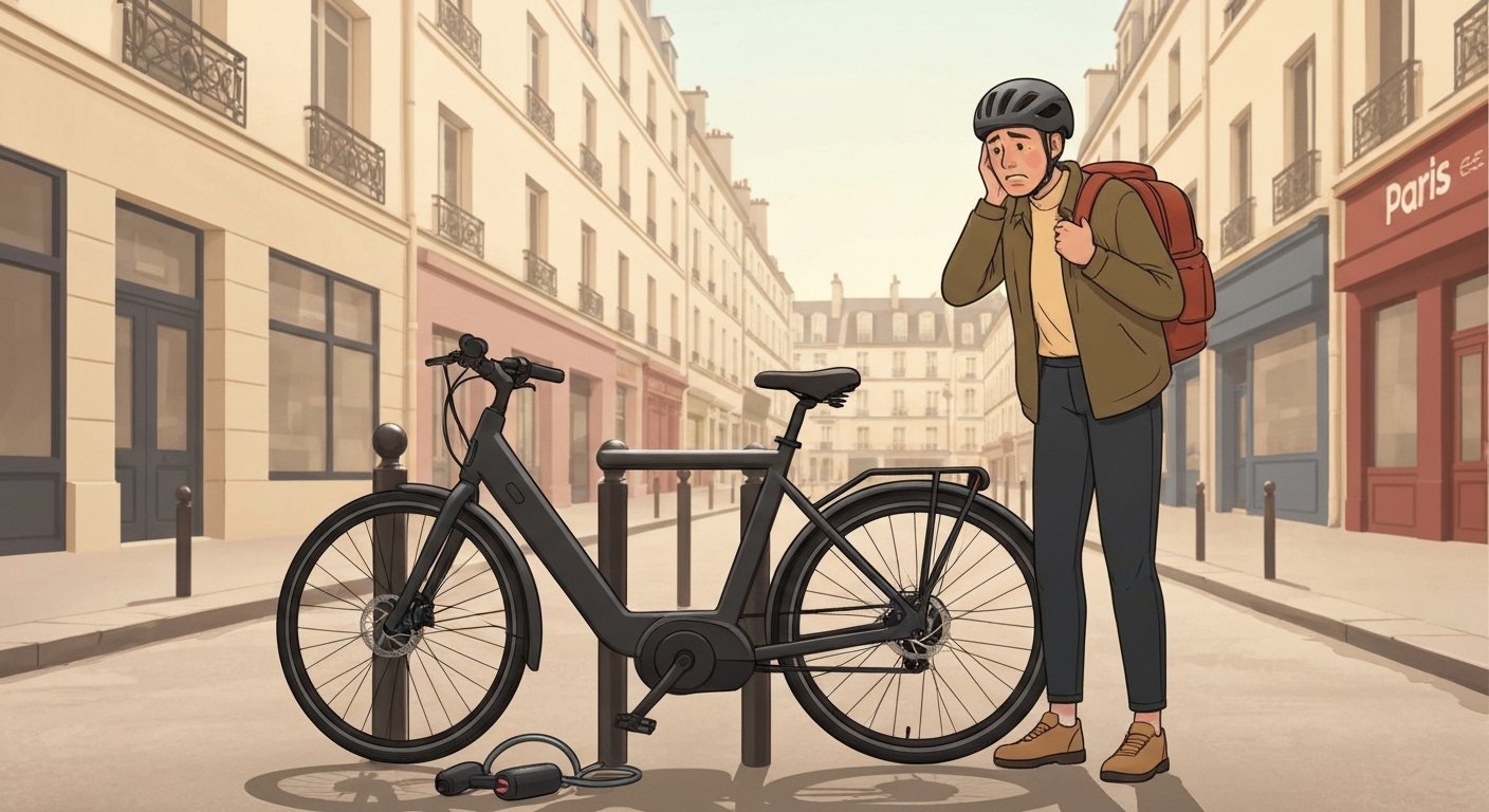 Cycliste stressé découvrant son vélo électrique volé à Paris