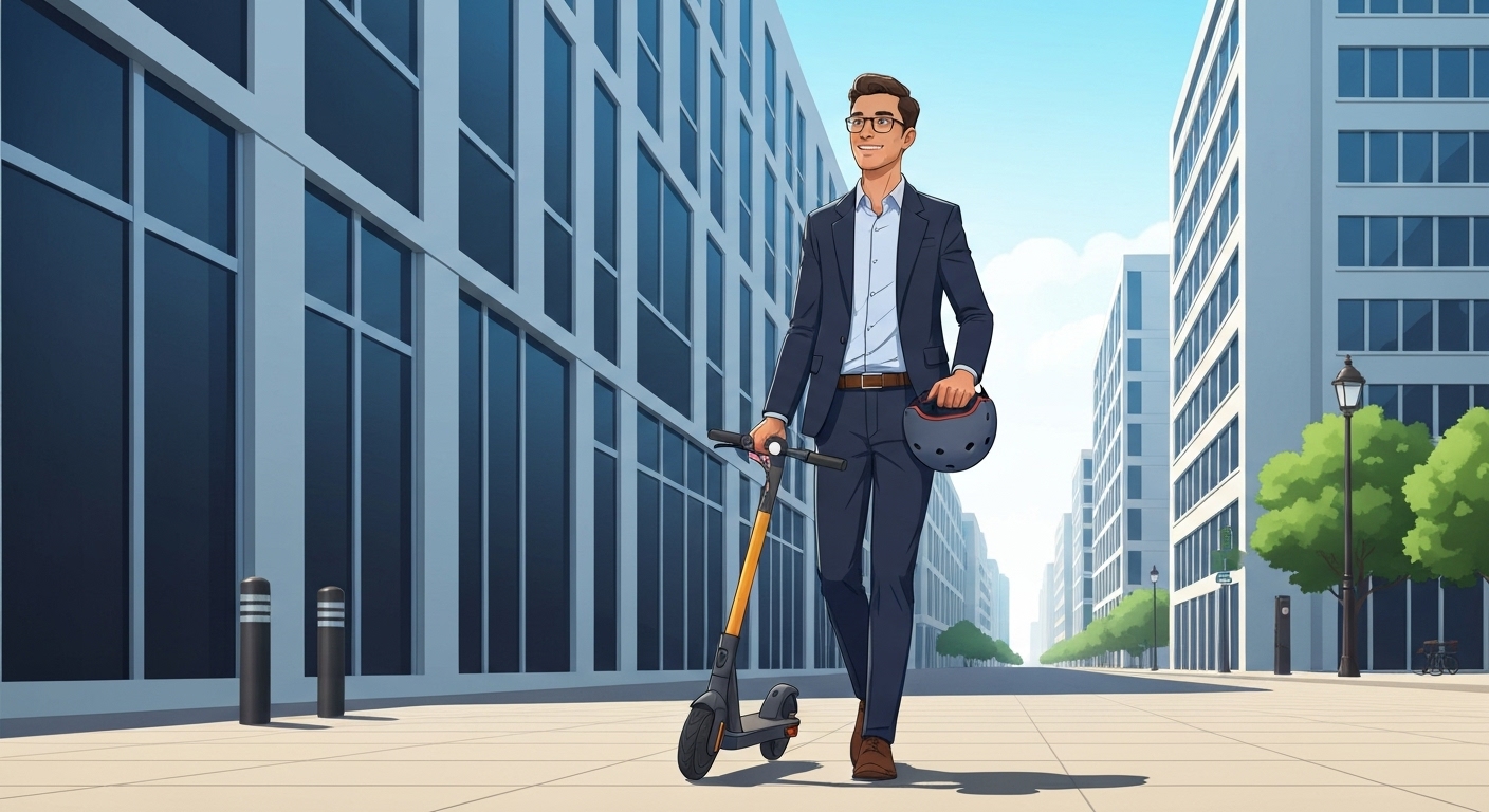 Jeune actif urbain serein avec sa trottinette électrique assurée