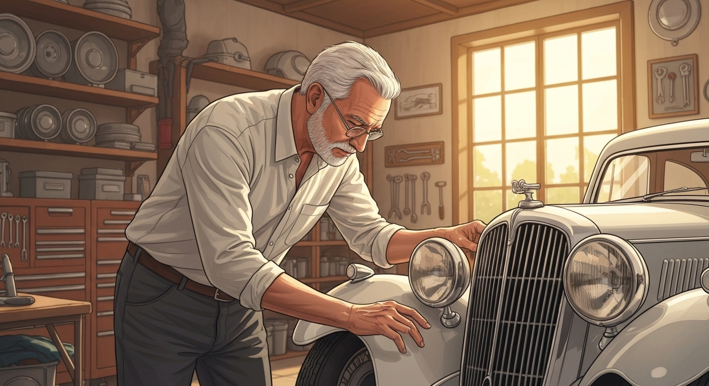 Collectionneur français inspectant sa voiture ancienne pour assurance