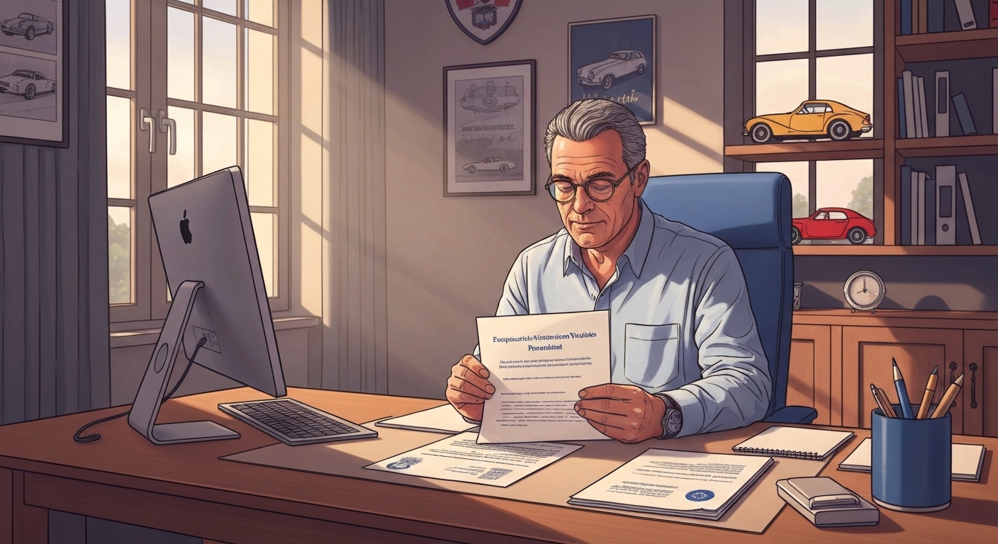 Propriétaire avec carte grise de collection et documents assurance