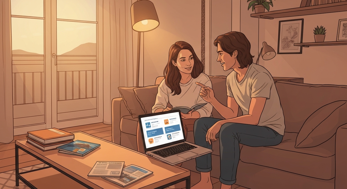 Un couple choisissant leur assurance voyage en ligne