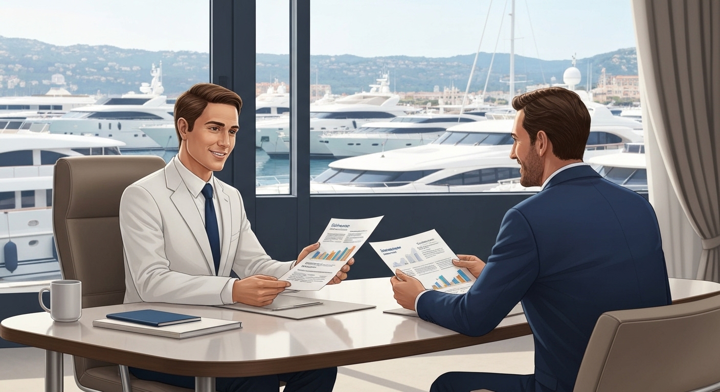 Illustration : Expert France Épargne analysant les coûts d'assurance yacht avec un propriétaire fortuné