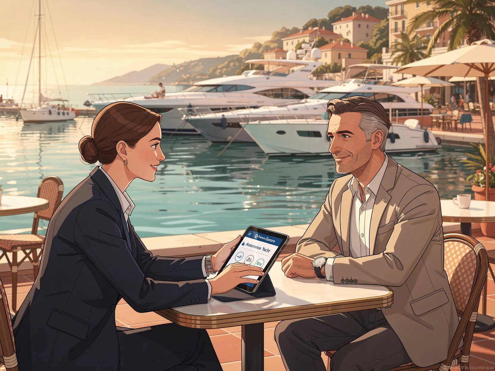 Illustration : Conseiller France Épargne guidant un client dans le choix de son assurance yacht sur la Côte d'Azur