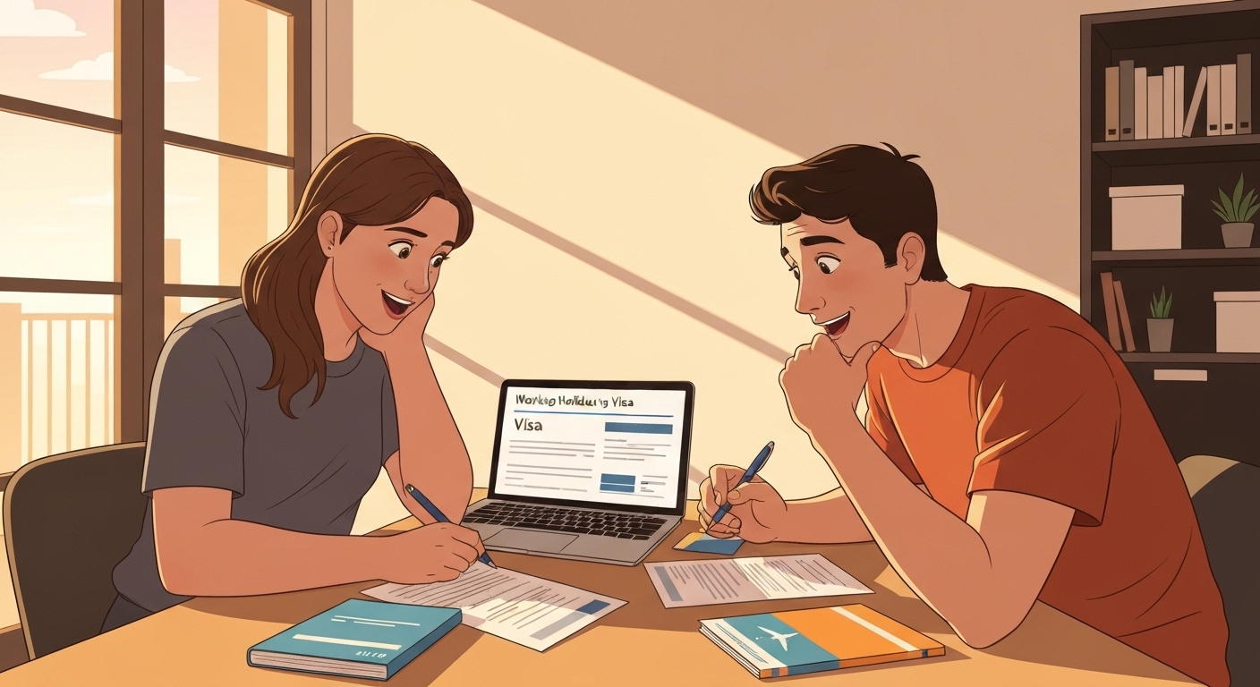 Jeunes préparant leur dossier PVT avec documents d'assurance