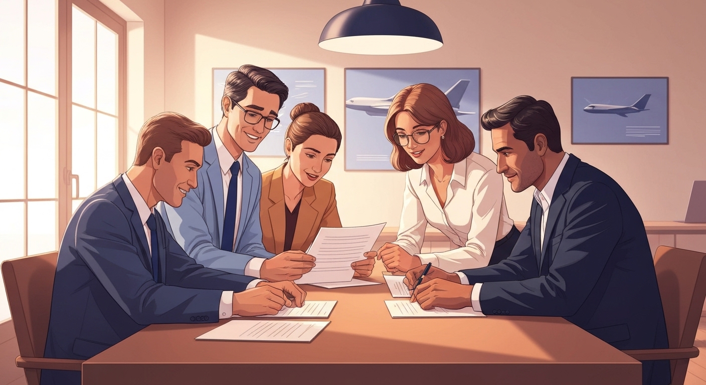 Groupe de copropriétaires d'avion privé discutant des modalités de partage