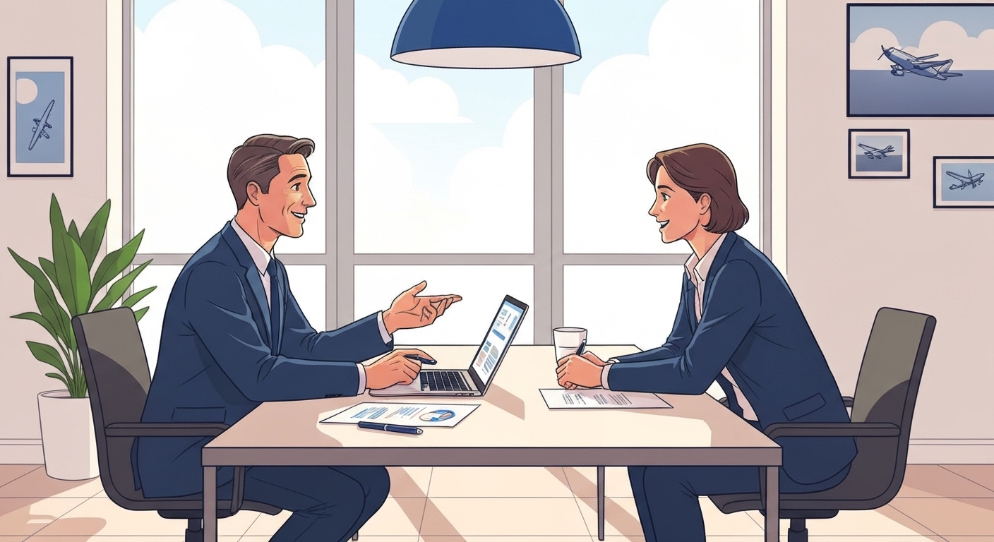 Expert financier analysant les coûts de l'aviation fractionnée pour un client
