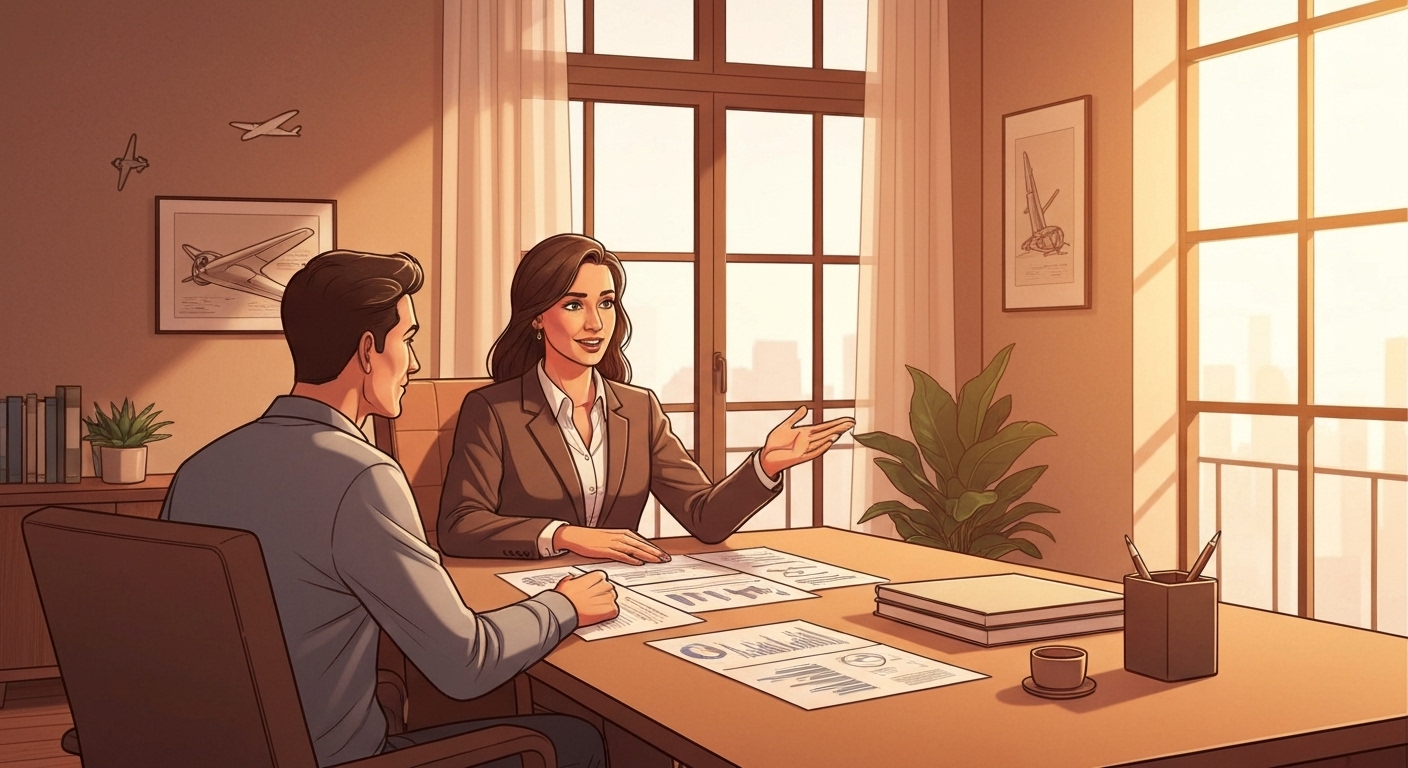 Conseiller patrimonial expliquant les avantages fiscaux de l'aviation fractionnée