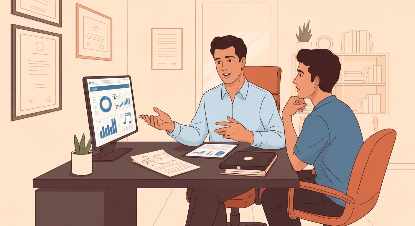 Conseiller expliquant la fiscalité des catalogues musicaux à un client