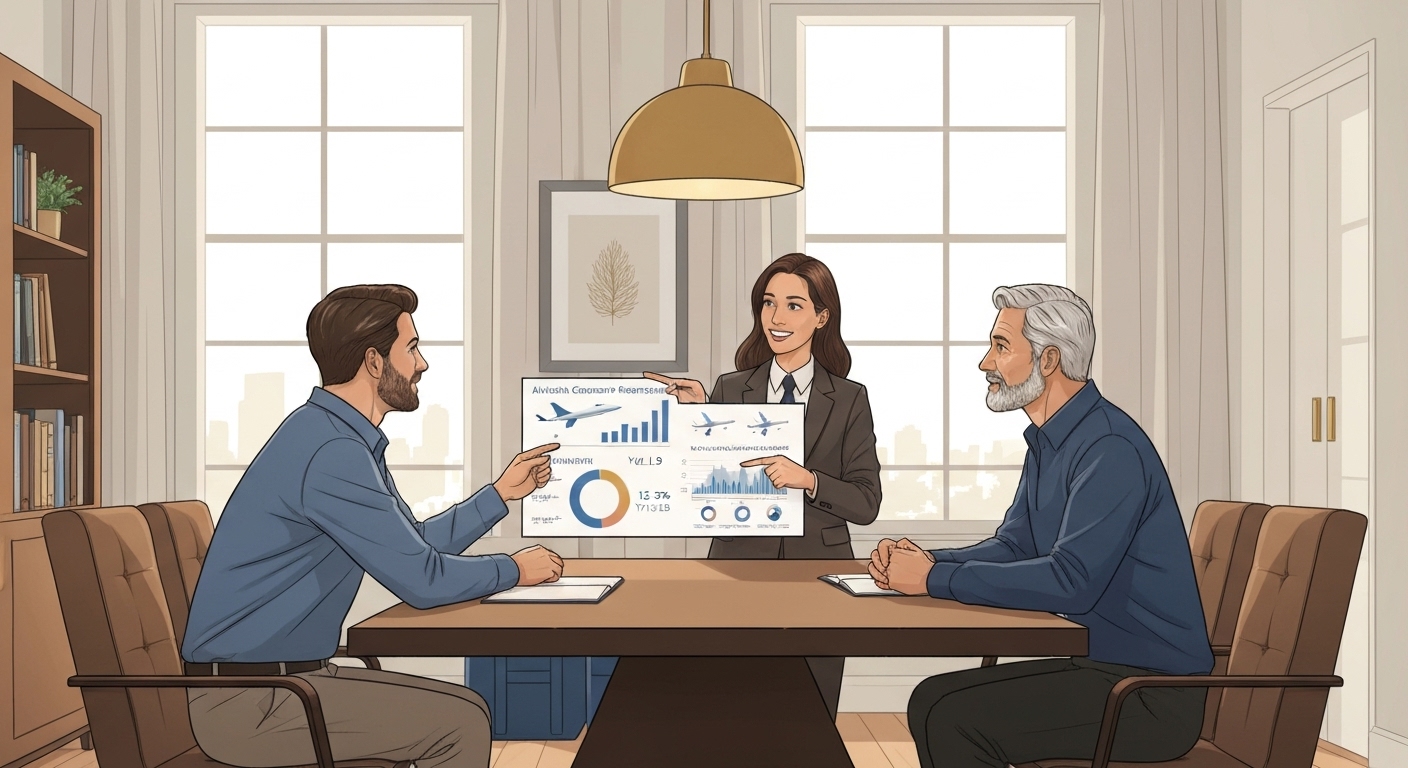Gestionnaire de patrimoine France Épargne expliquant les rendements aviation charter à un couple d'investisseurs