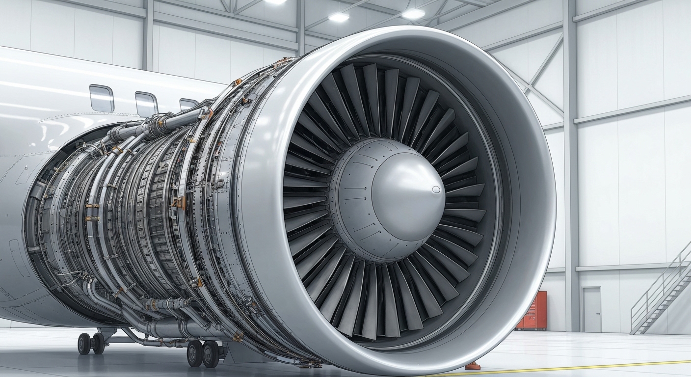 Technicien inspectant un moteur de jet Rolls-Royce lors d'une maintenance programmée