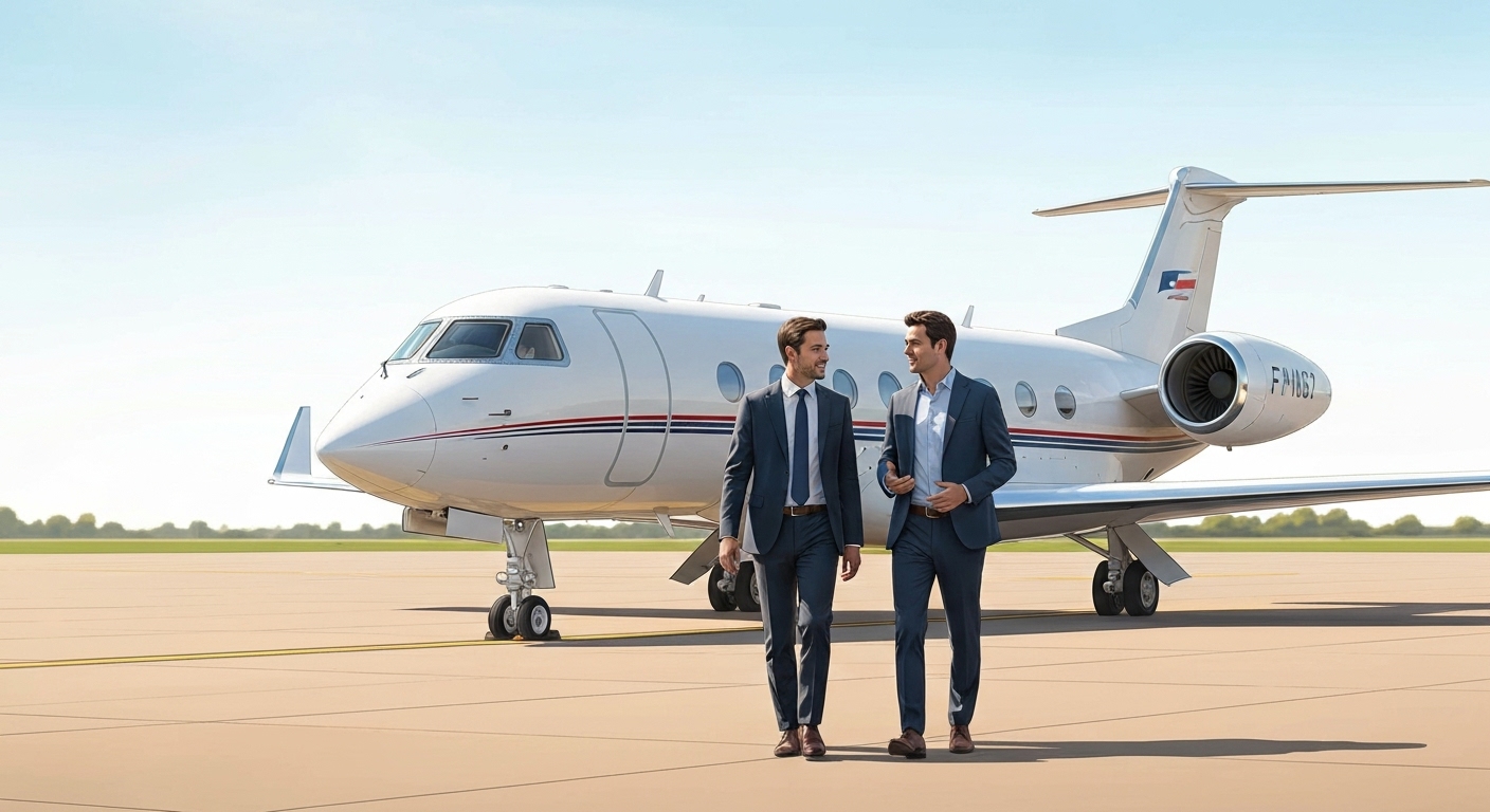 Conseiller France Épargne et client visitant un FBO et inspectant un jet Gulfstream