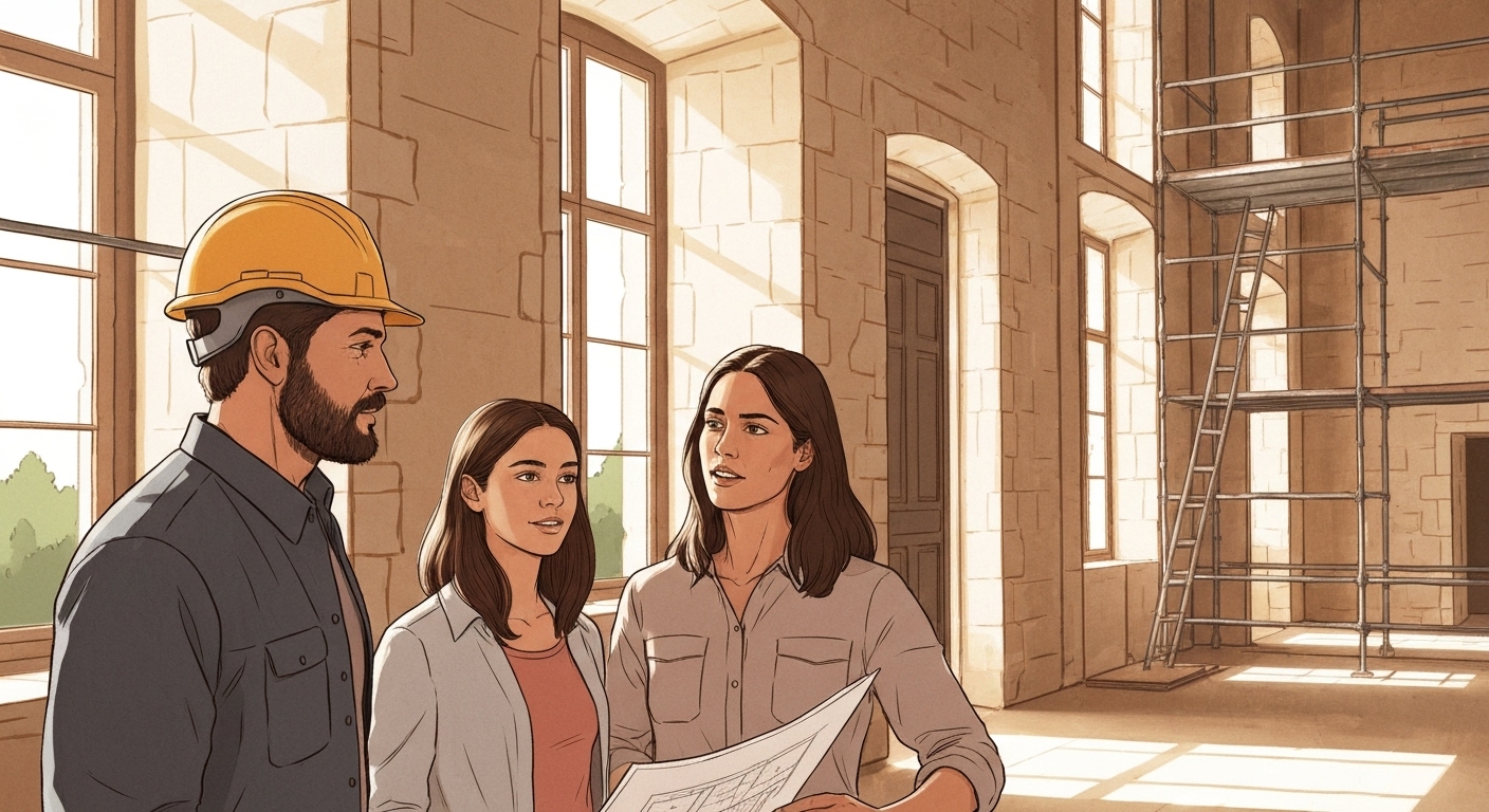 Famille d'investisseurs visitant un château-hôtel en cours de rénovation avec architecte