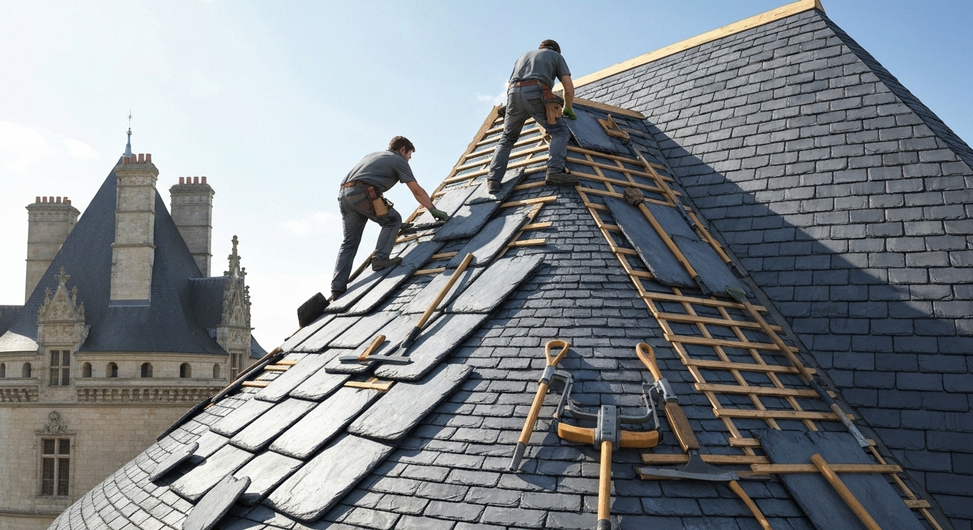 Artisan qualifié restaurant une toiture en ardoise d'un château