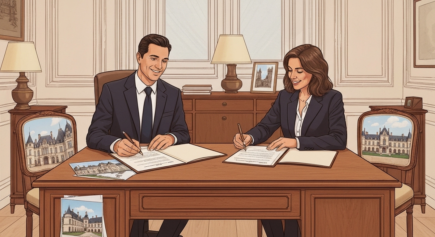 Conseiller France Épargne et client signant acquisition château monuments historiques