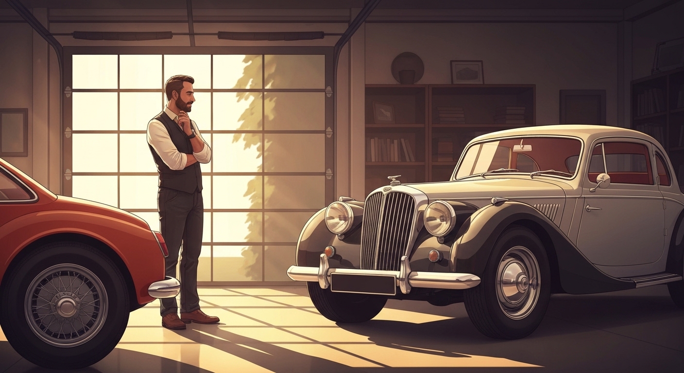 Collectionneur français admirant sa voiture de collection classique