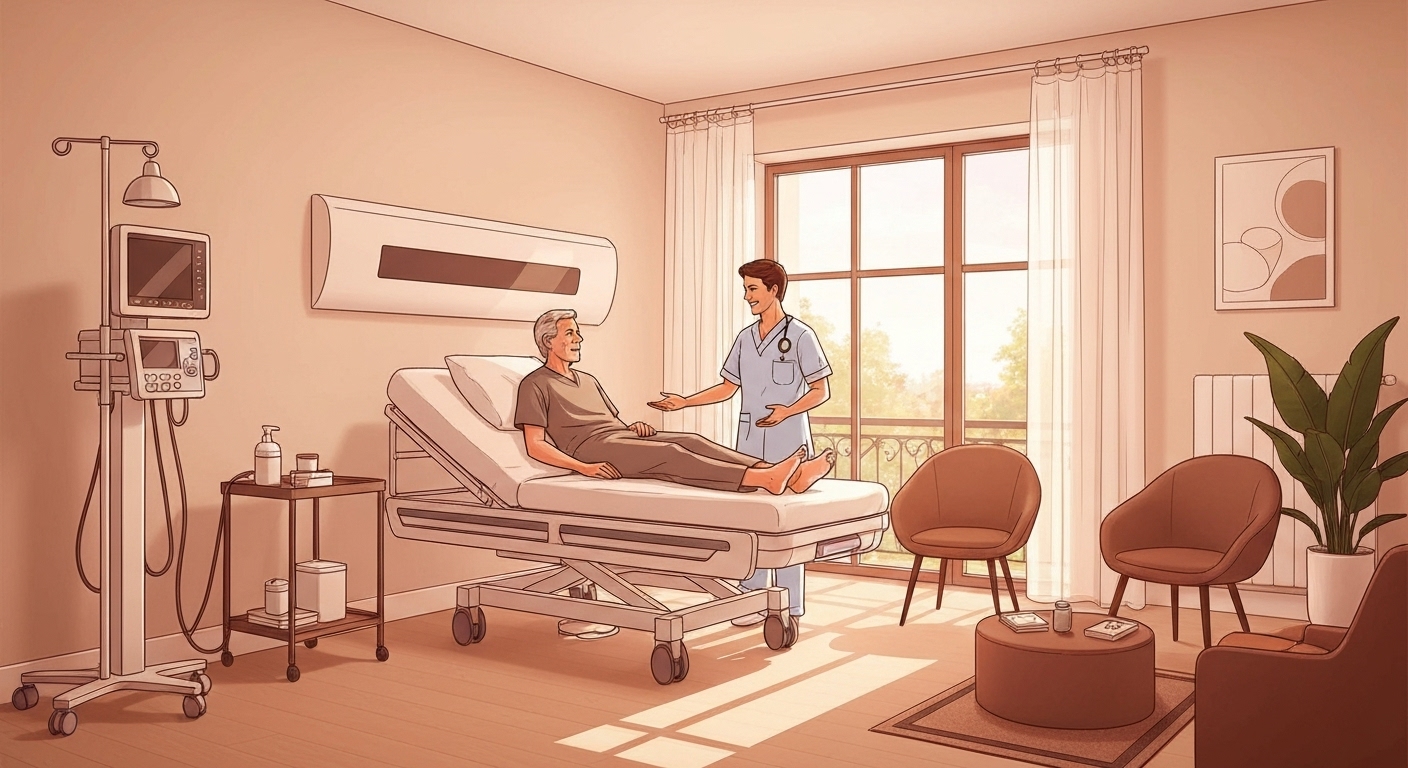 Patient français recevant des soins personnalisés dans une chambre privée confortable d'une clinique moderne