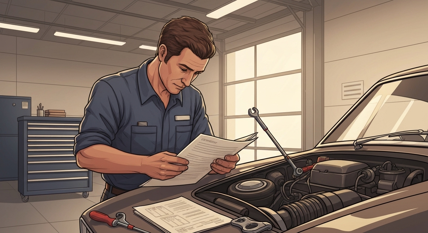 Expert automobile inspectant l'authenticité d'une voiture de collection