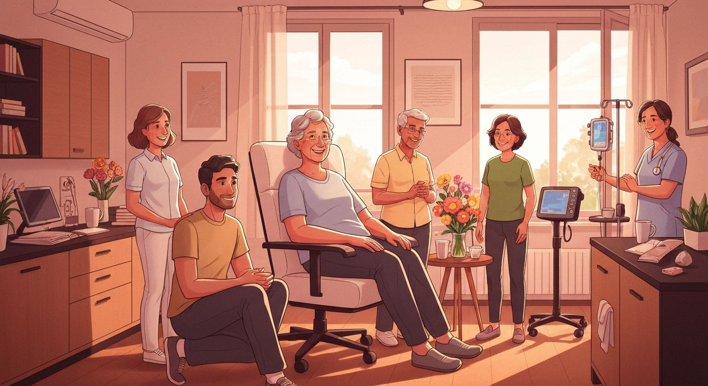 Patient français souriant après une intervention réussie dans une clinique privée, accompagné de sa famille