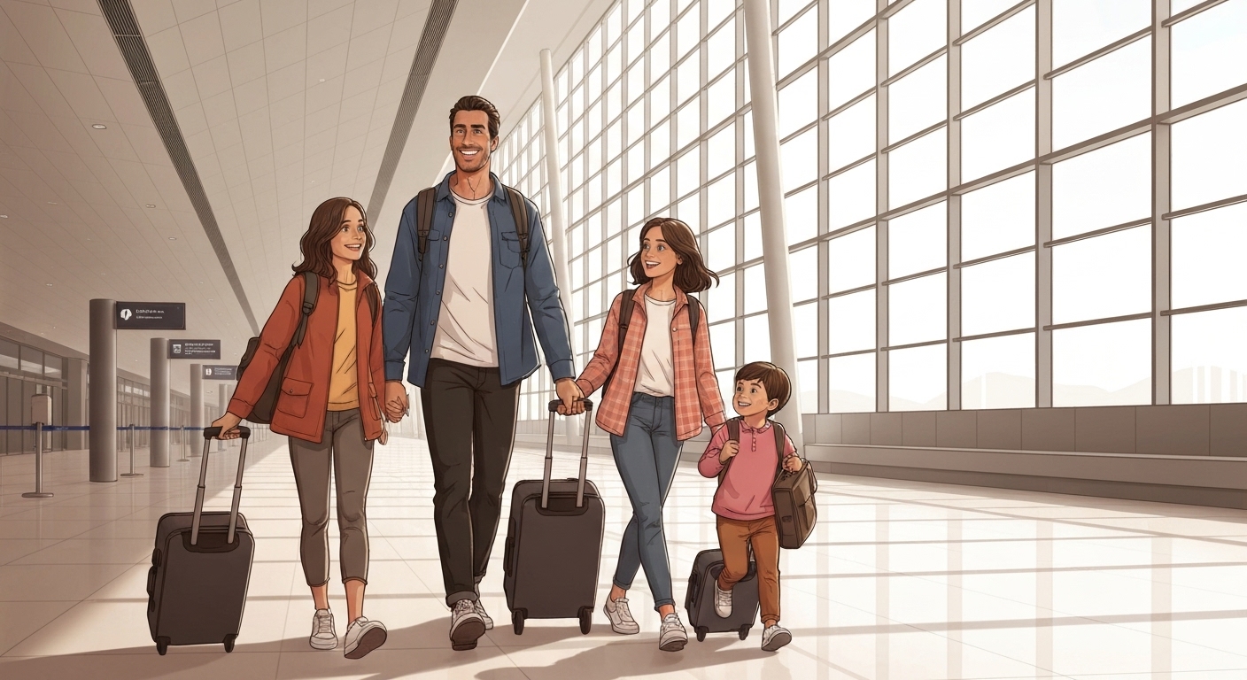 Famille française partant en voyage avec sérénité à l'aéroport