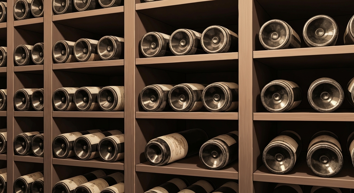 Rangées de bouteilles millésimées en conservation parfaite