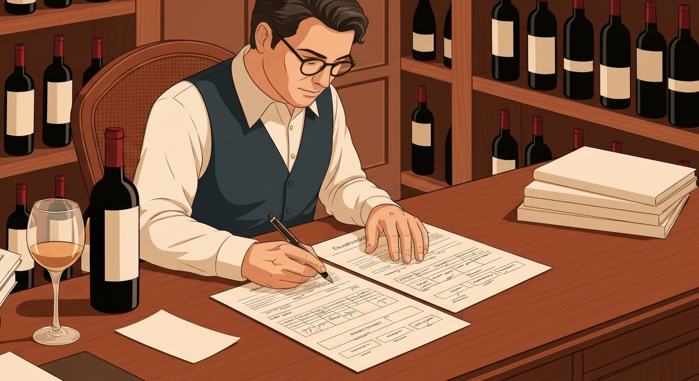 Collectionneur organisant documents et inventaire cave