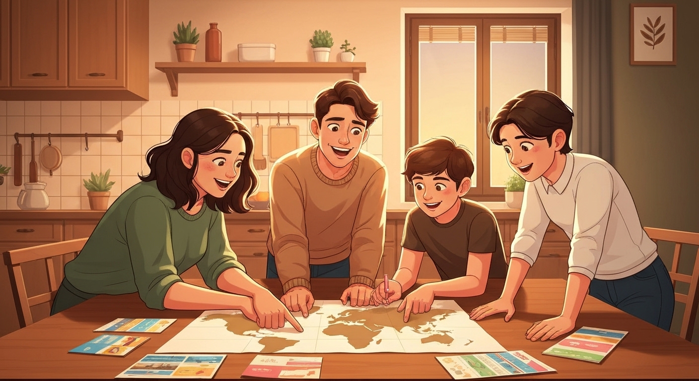 Famille française planifiant ses vacances ensemble autour d'une carte du monde