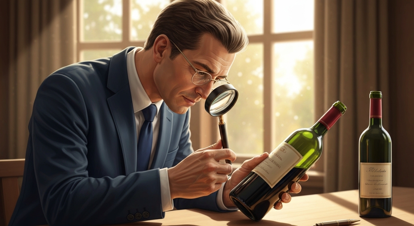 Expert sommelier évaluant bouteille vintage