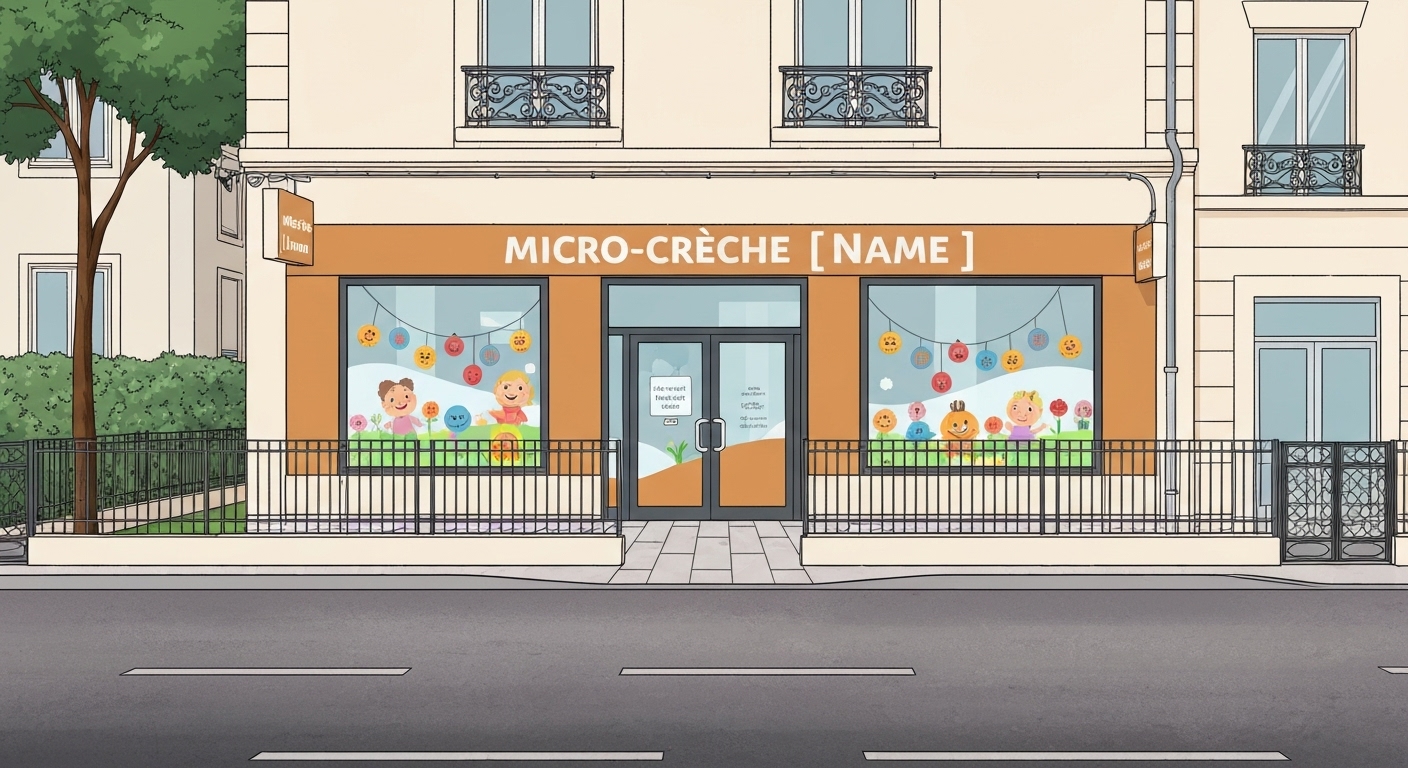 Façade accueillante d'une micro-crèche privée française avec signalétique professionnelle