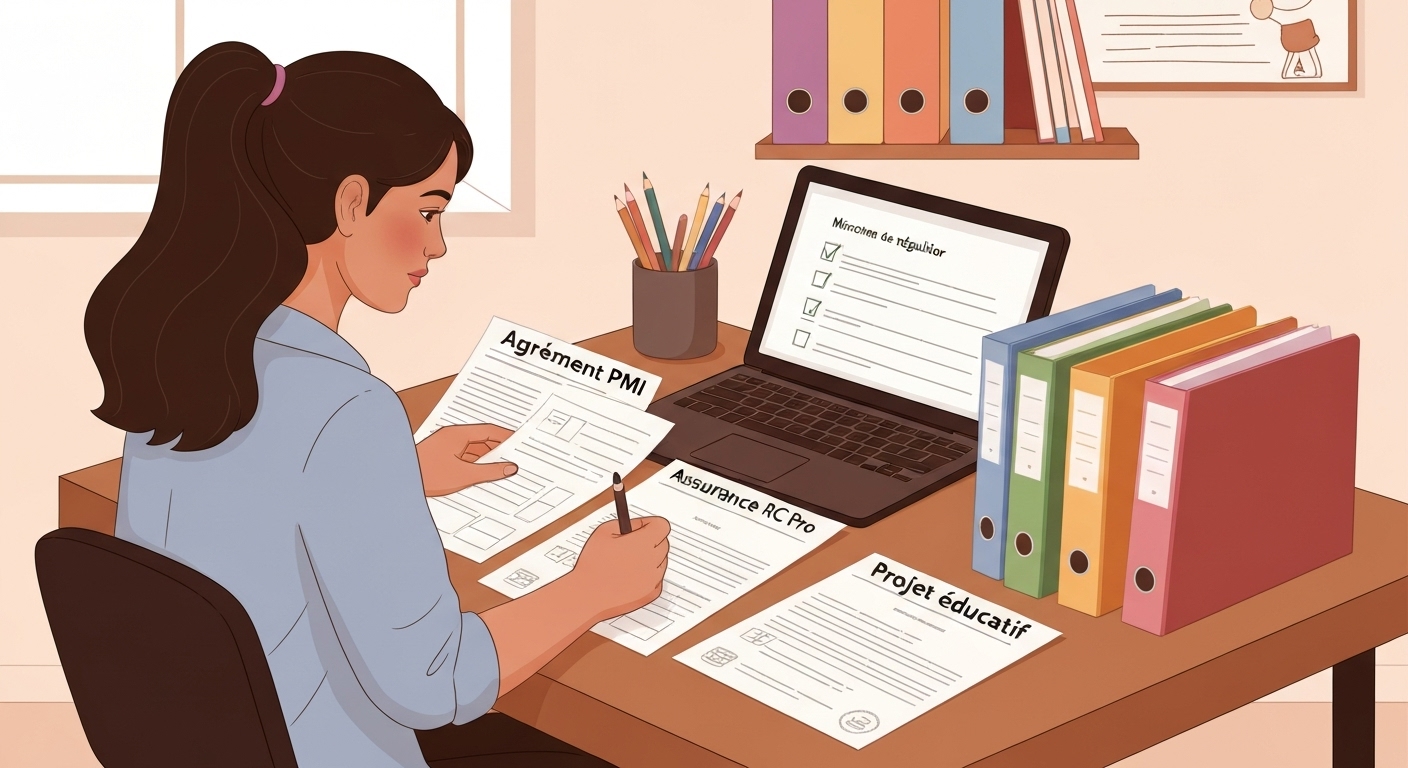 Directrice de micro-crèche préparant dossier administratif PMI avec documents réglementaires