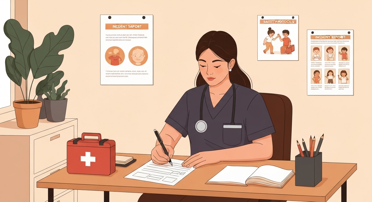 Professionnel petite enfance appliquant protocole sécurité après incident mineur en crèche