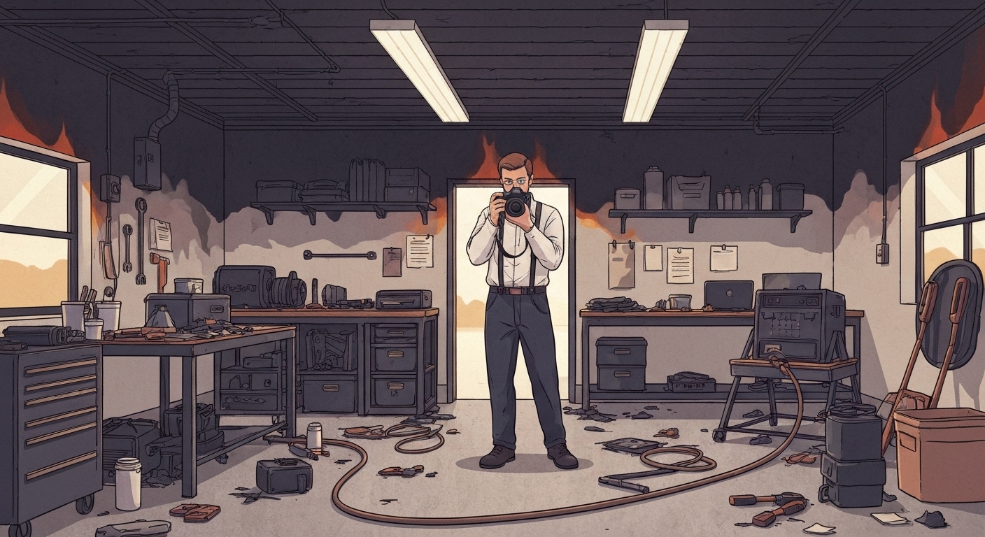 Expert d'assurance évaluant les dommages après incendie dans un garage automobile