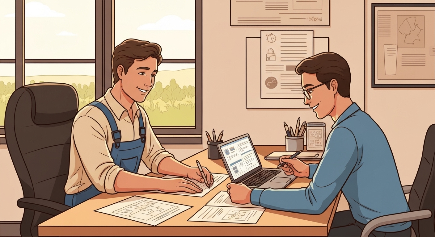 Jeune agriculteur planifiant son activité avec conseiller