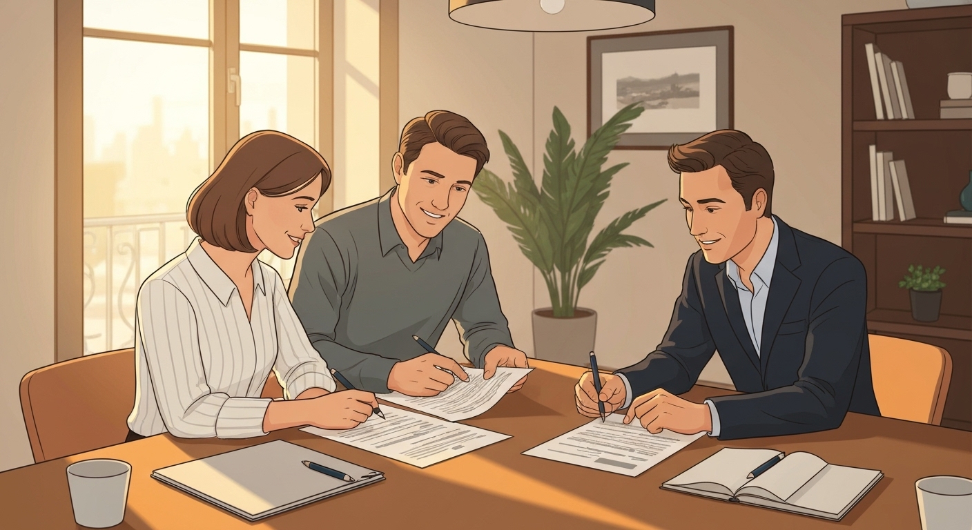 Employeur et employée de maison signant un contrat de travail