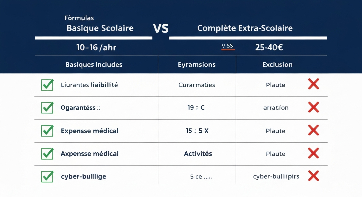 Tableau comparatif infographique des deux formules d'assurance élèves avec garanties et exclusions