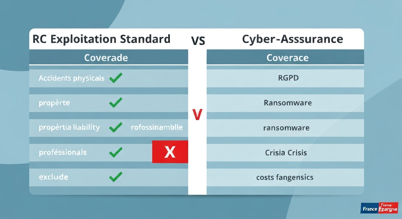 Tableau comparatif RC Exploitation vs Cyber-Assurance avec garanties couvertes/exclues