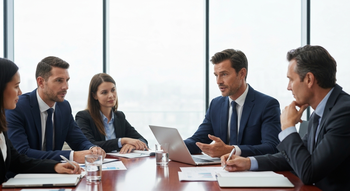 Dirigeant clé d'entreprise française en réunion stratégique avec équipe