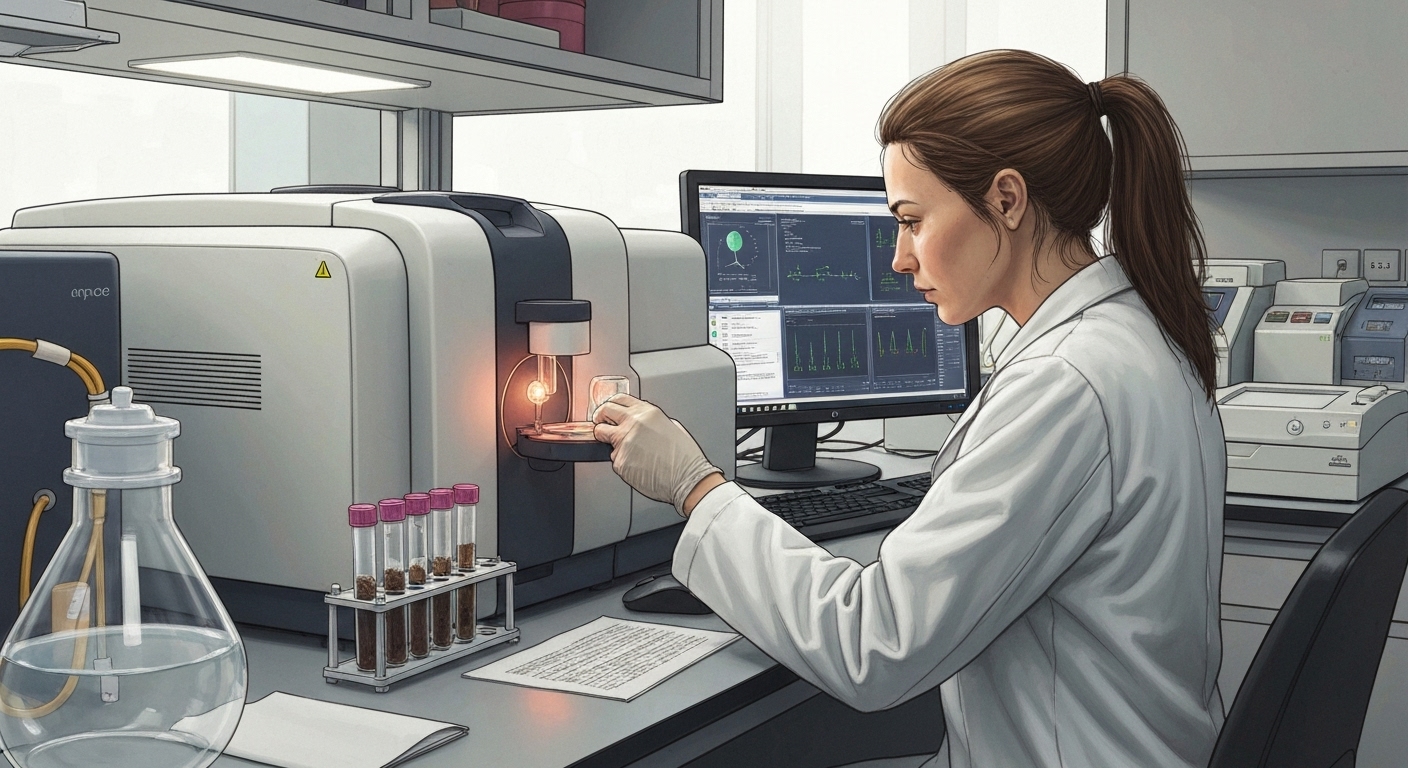 Technicien de laboratoire analysant des échantillons de sols pollués
