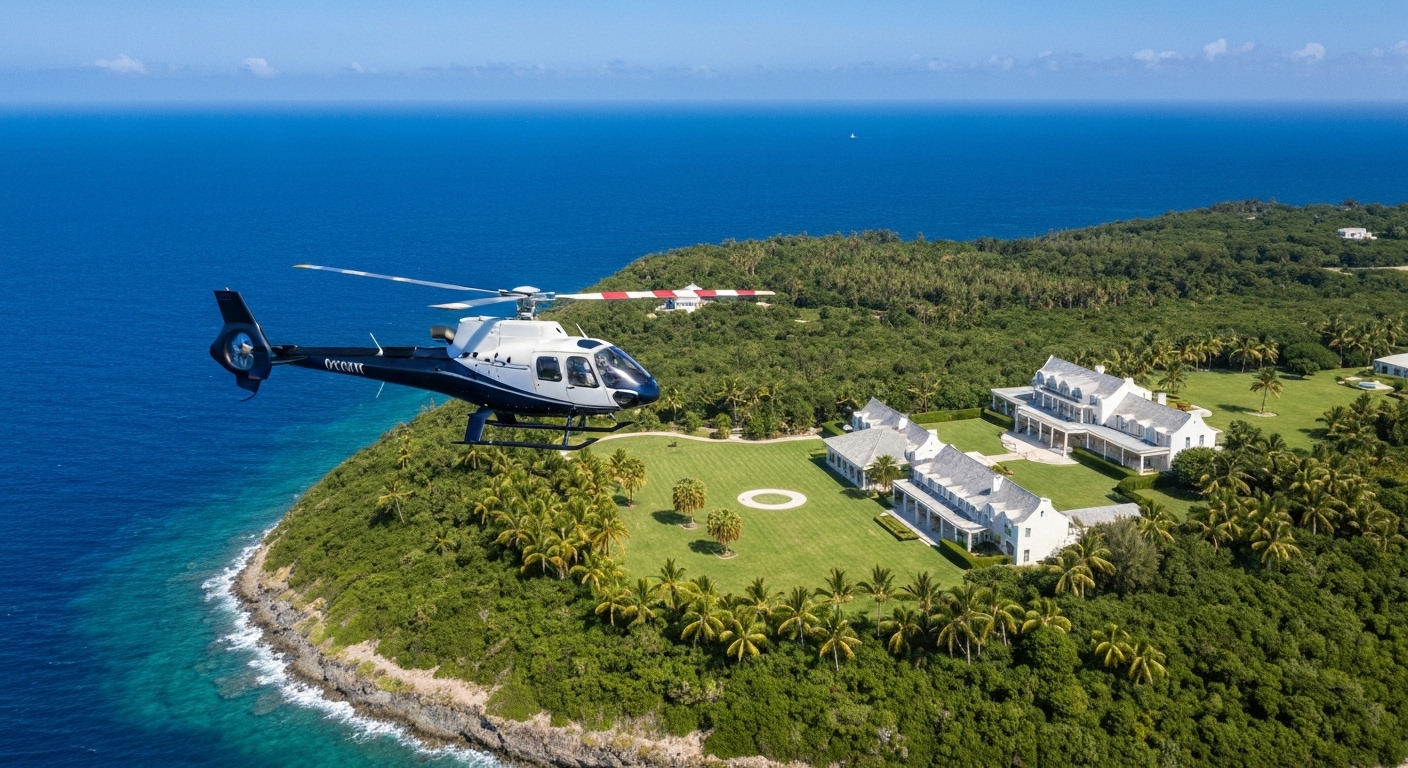 Hélicoptère d'intervention approchant une île privée