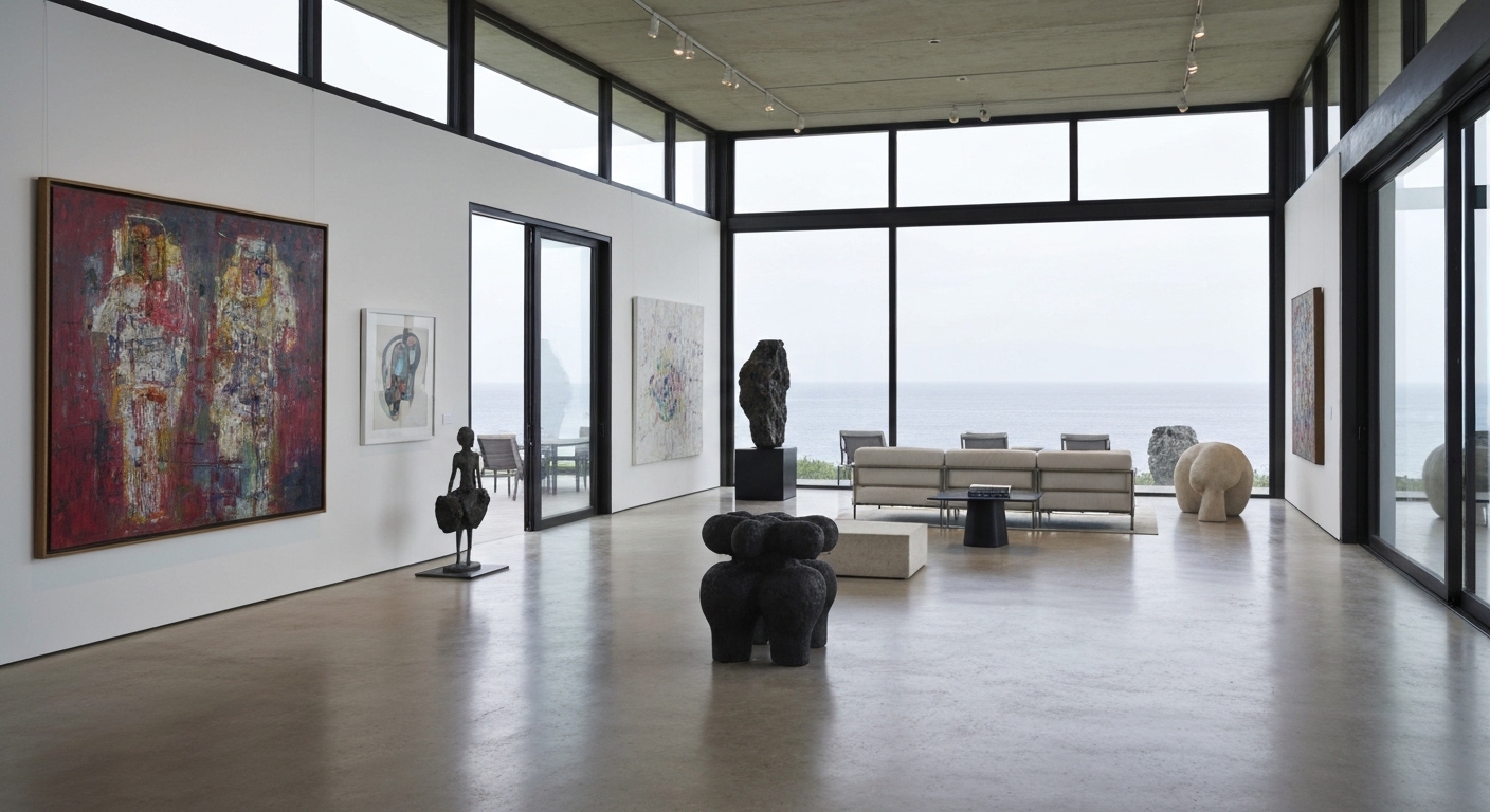 Intérieur de villa d'île avec collection d'art et biens de valeur