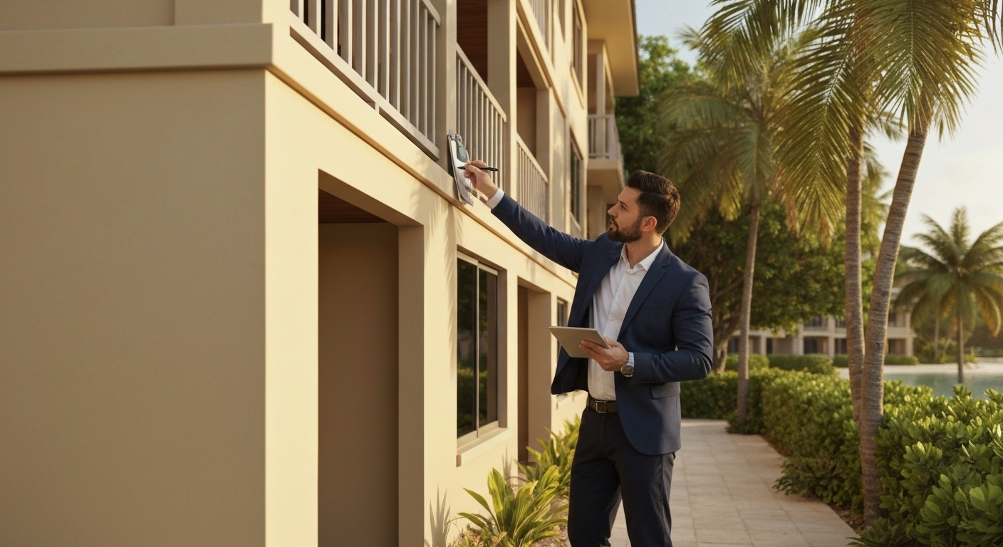 Expert inspectant une propriété sur île privée