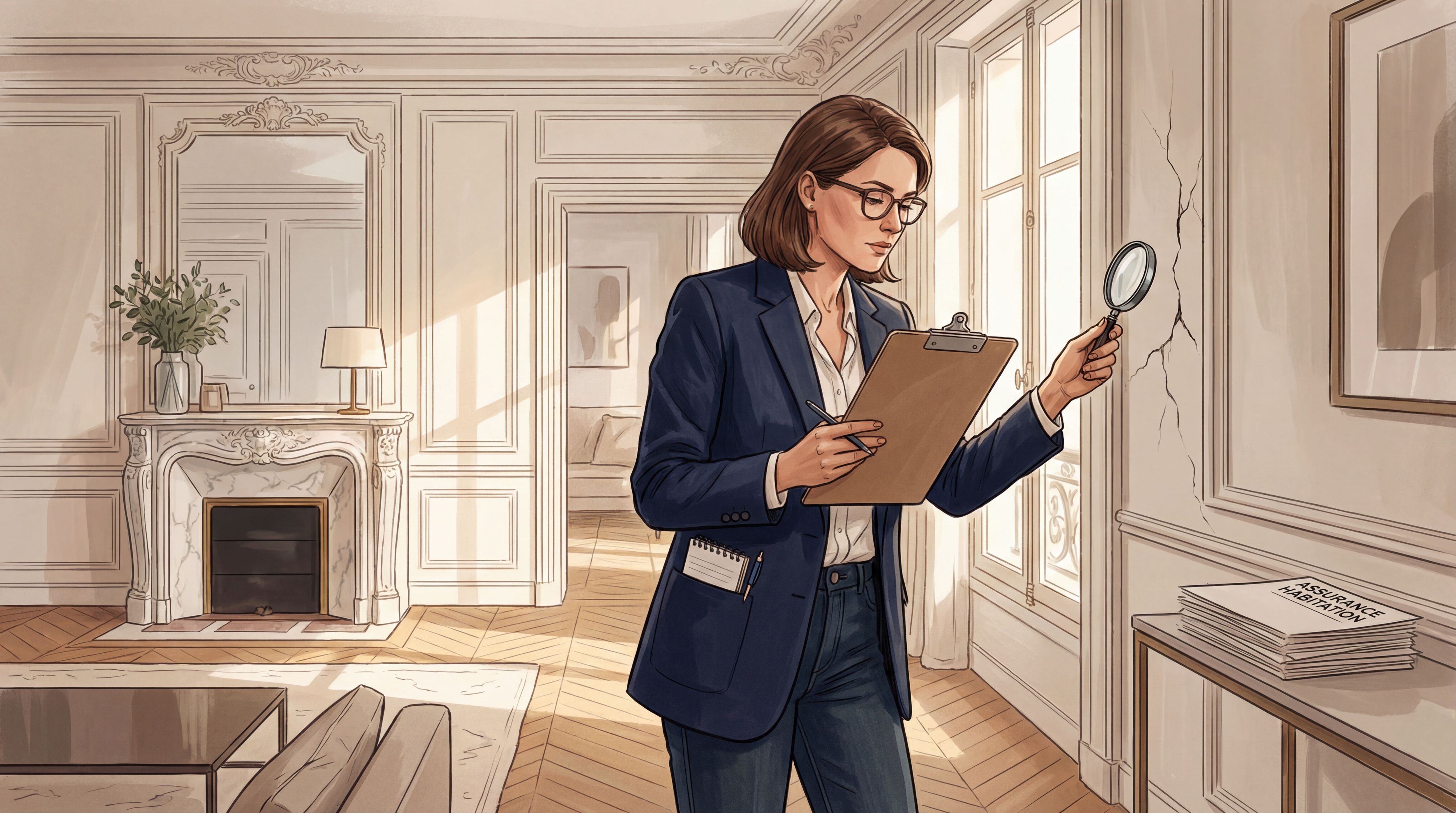 Propriétaire français vérifiant les dégâts couverts par son assurance habitation