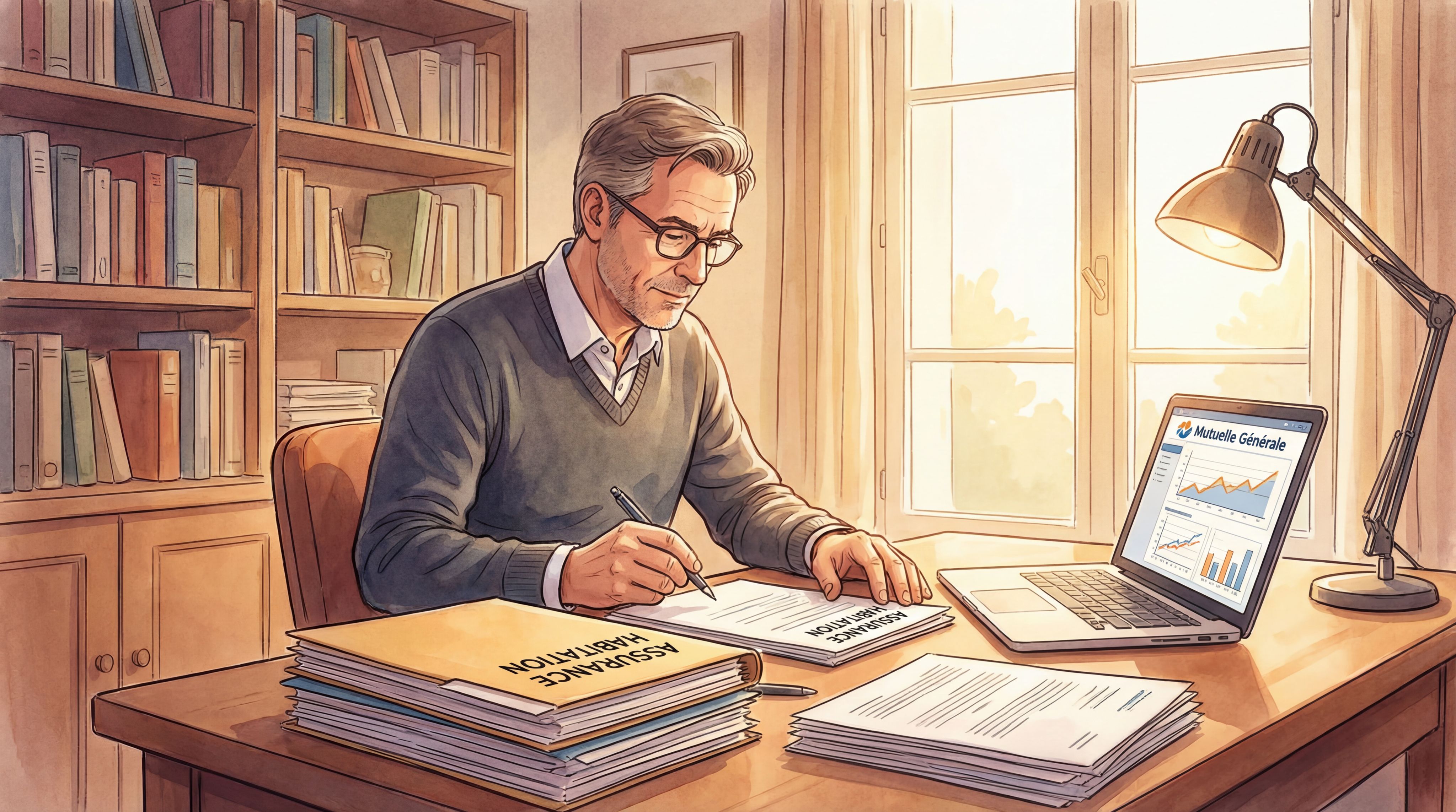 Propriétaire français examinant documents d'assurance habitation