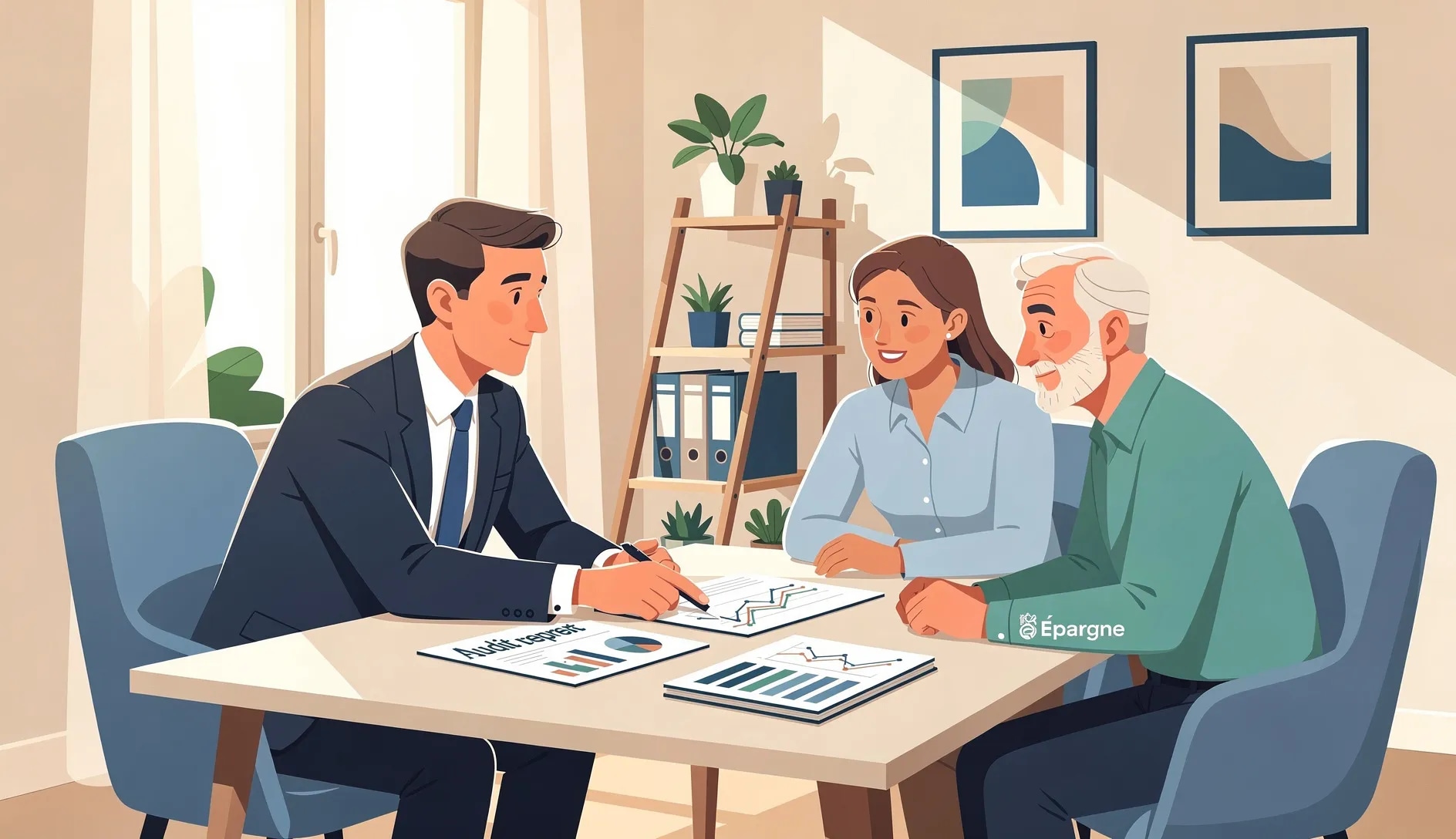 Conseiller France Épargne expliquant un rapport d'audit à ses clients