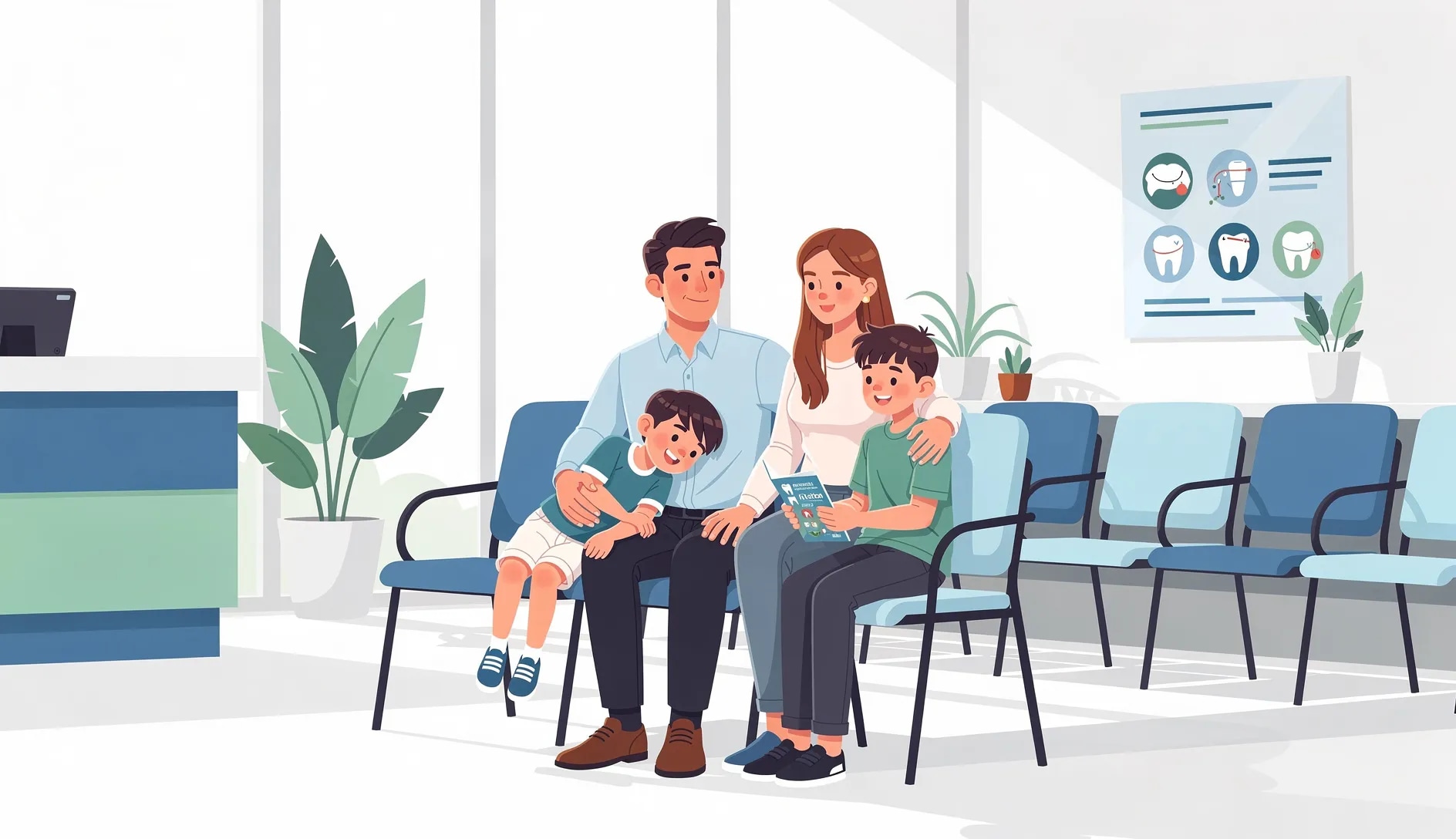 Famille française avec enfants chez le dentiste pour un contrôle orthodontie