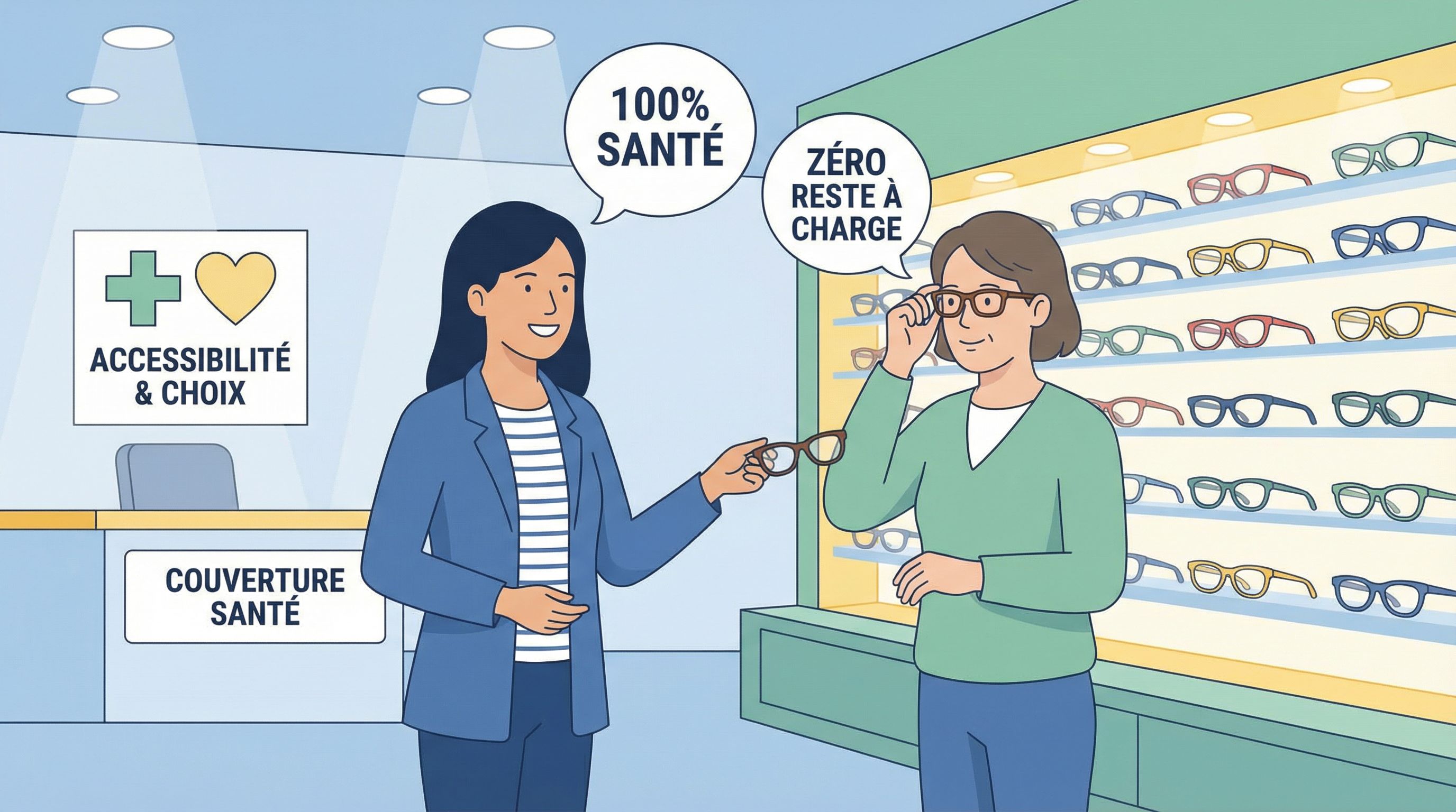 Client français essayant des lunettes dans un magasin d'optique avec le dispositif 100% Santé