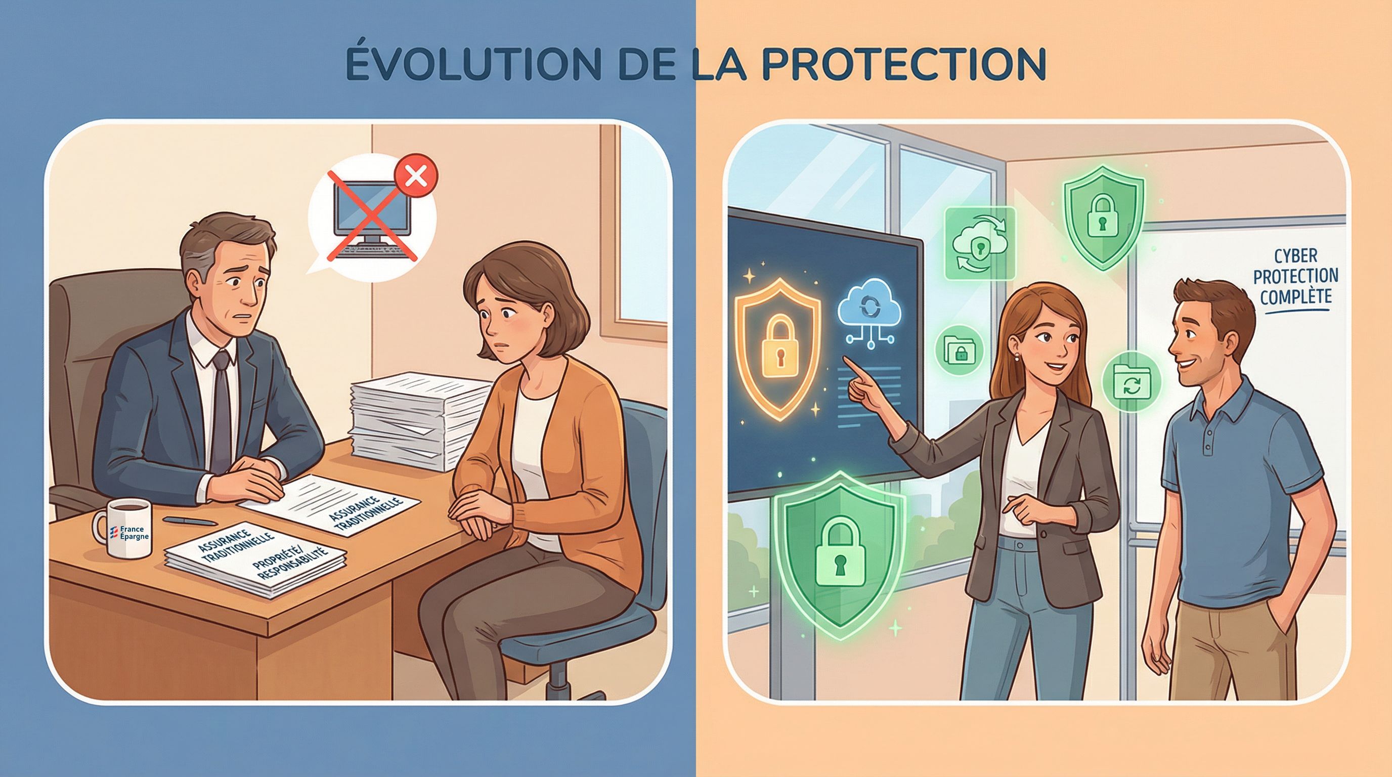 Tableau comparatif RC Exploitation vs Cyber-Assurance avec garanties couvertes/exclues