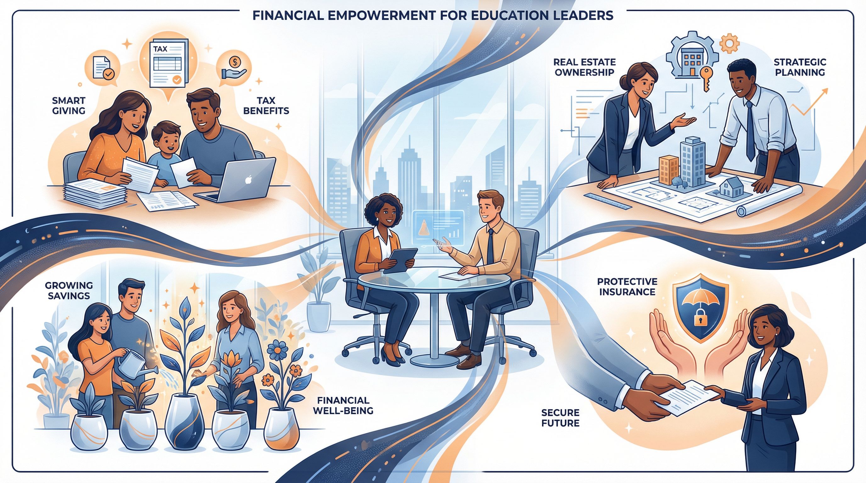 Infographie des 4 leviers d'optimisation patrimoniale pour écoles privées : fiscalité 66%, SCI, trésorerie, provisions IS